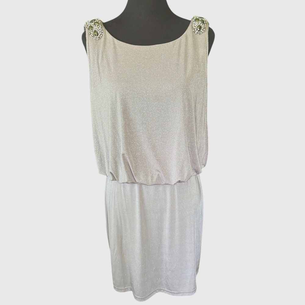 Cachet Taupe Metallic Shimmer Sleeveless Jeweled Cocktail Dress, Size 10, Party